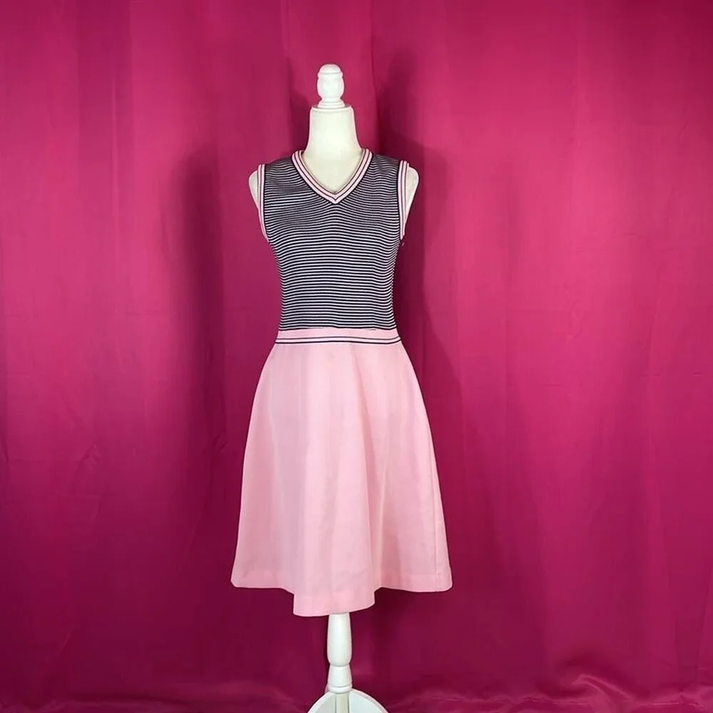 Vintage 60s 70s Striped‎ Knit Dress and Cardigan Set Pink Navy Size 16